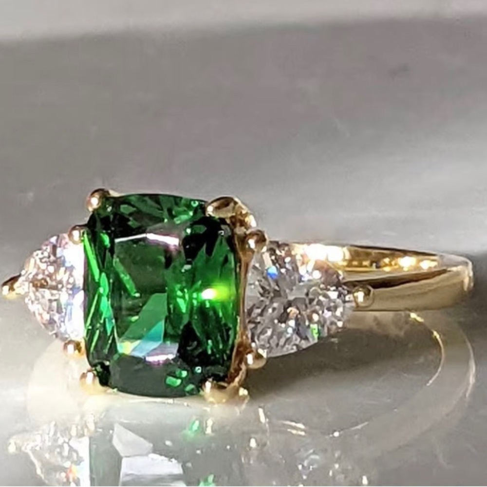 Emerald Green Synthetic Zircon Three-Stone 14k Gold Plated Ring - Women Jewelry